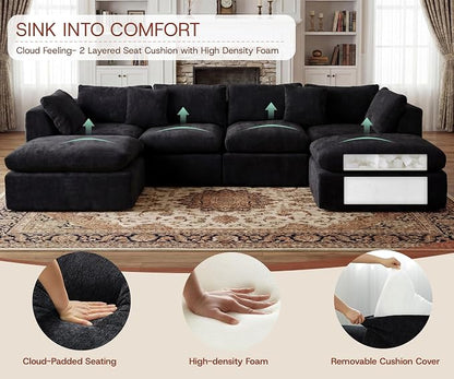 GRUSIGN 141'' Oversized Boneless Cloud Couch for Living Room, Modern Big Sectional Compressed U Shape Couch with 2 Ottoman, Comfy Chenille Deep Seat Memory Foam Spineless 6 Seater Sofa,Black