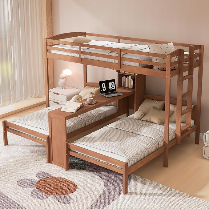 VilroCaz Twin Over Twin & Twin Bunk Bed with Built-in Desk and Storage Shelves, 3 Beds in 1 Design Solid Wood Triple Bunk Bed with Reading Lamp and Guardrails for Kids Teens Aldults (Natural-2.14)