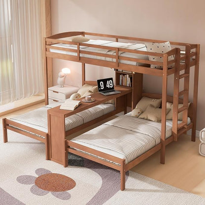 VilroCaz Twin Over Twin & Twin Bunk Bed with Built-in Desk and Storage Shelves, 3 Beds in 1 Design Solid Wood Triple Bunk Bed with Reading Lamp and Guardrails for Kids Teens Aldults (Natural-2.14)