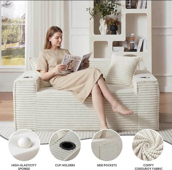 Boneless Sectional Sofa Couch with Cup Holders & Side Pockets, Modern Corduroy Fabric Deep Seat Loveseat Cloud Couch for Living Room Office, No Assembly (White)