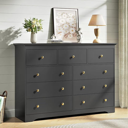 Black Dresser for Bedroom，55" Wide 9 Drawers Dressers,Modern Wooden Chest for Living Room, Hallway