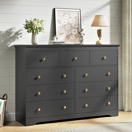 Black Dresser for Bedroom，55" Wide 9 Drawers Dressers,Modern Wooden Chest for Living Room, Hallway