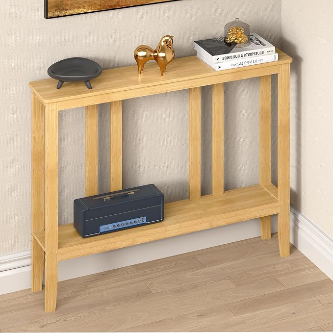 ELYKEN Bamboo 2-Tier Narrow Console Table, 36.2" Long Slim Sofa Table Behind Couch for Entryway, Hallway, Living Room, Natural