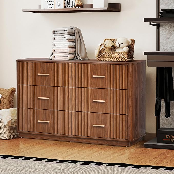 Fluted Double Dresser for Bedroom with 6 Drawers, 47" Wide Modern Chest of Drawers with Curved Profile Design, Wood Closet Clothes Storage Organizer Dresser TV Stand for Living Room, Hallway, Walnut