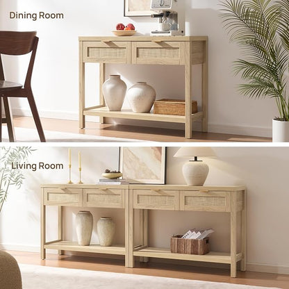 SICOTAS Rattan Console Table for Entryway - Boho Entryway Table with Storage and Drawers, Small Entry Tables for Hallway Behind Couch Table Sofa Table