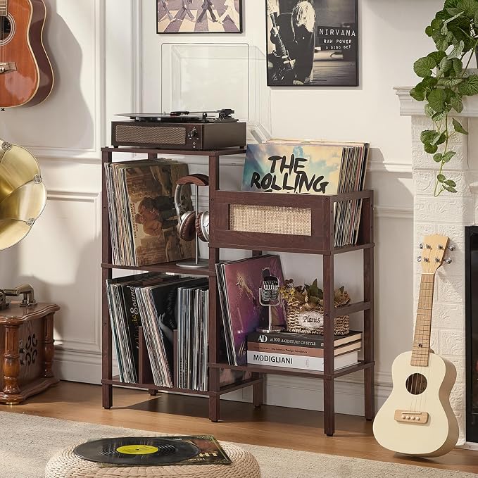 LELELINKY Record Player Stand, Vintage Walnut Wood Record Holder with Vinyl Storage Holds up to 300+ Albums, 3-Tier Rattan Media Table with Vinyl Display Shelf, Record Storage Cabinet for Living Room