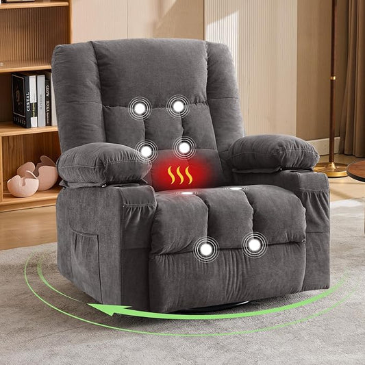 BOSMILLER 360° Swivel Rocker Recliner Chair for Adults,Oversized Recliner Chair with Massage and Heating, Manual Nursery Glider Recliner with Cup Holder and Side Pocket for Living Room, Bedroom,Grey