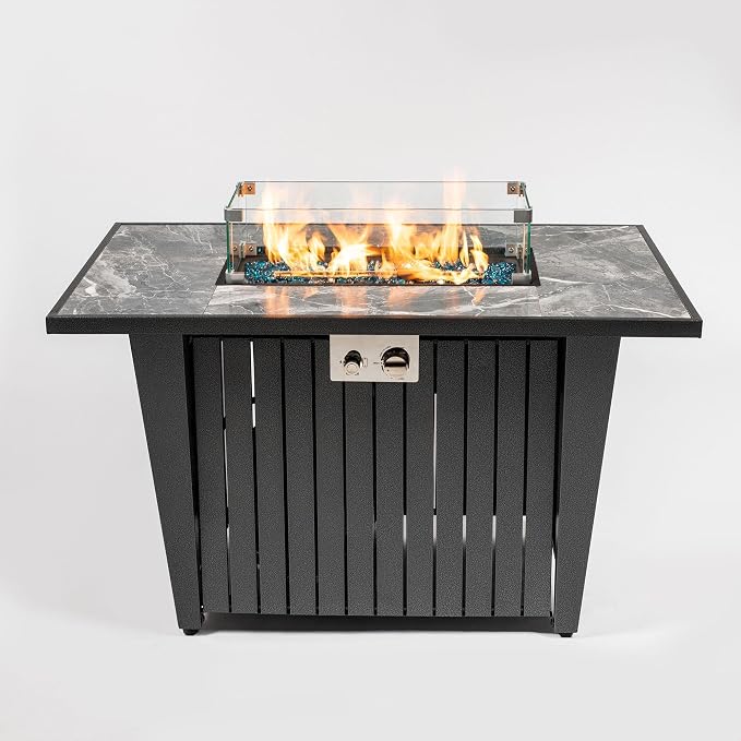 42" Propane Gas Fire Pit Table 50000 BTU Rectangular Outdoor Fire Pit with Marble Tile Tabletop Glass Wind Guard, Steel Patio Fire Table & Lid, Blue Glass Beads & Rain Cover for Backyard Garden, Gray