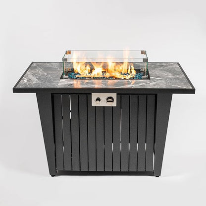 42" Propane Gas Fire Pit Table 50000 BTU Rectangular Outdoor Fire Pit with Marble Tile Tabletop Glass Wind Guard, Steel Patio Fire Table & Lid, Blue Glass Beads & Rain Cover for Backyard Garden, Gray