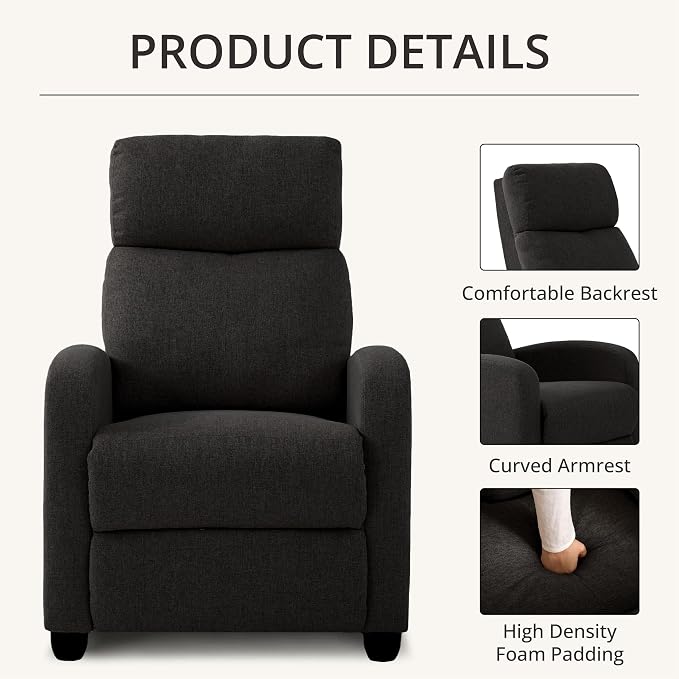 Recliner Chair for Living Room, Modern Adjustable Home Theater Seating Single Sofa Manual Push Back Armchair with Soft Linen Upholstery & High Backrest for Small Spaces, Linen-Black