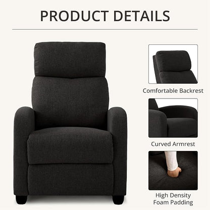 Recliner Chair for Living Room, Modern Adjustable Home Theater Seating Single Sofa Manual Push Back Armchair with Soft Linen Upholstery & High Backrest for Small Spaces, Linen-Black