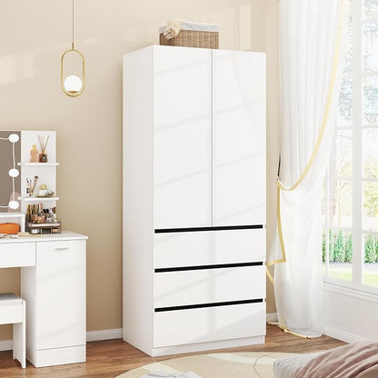 Armoire Wardrobe Closet with Drawers：75" Large White Wardrobe Closet Cabinet with 2 Doors for Hanging Clothes, Modern Wooden Bedroom Armoires with 3 Drawers and Storage (B-Style, 31.5")