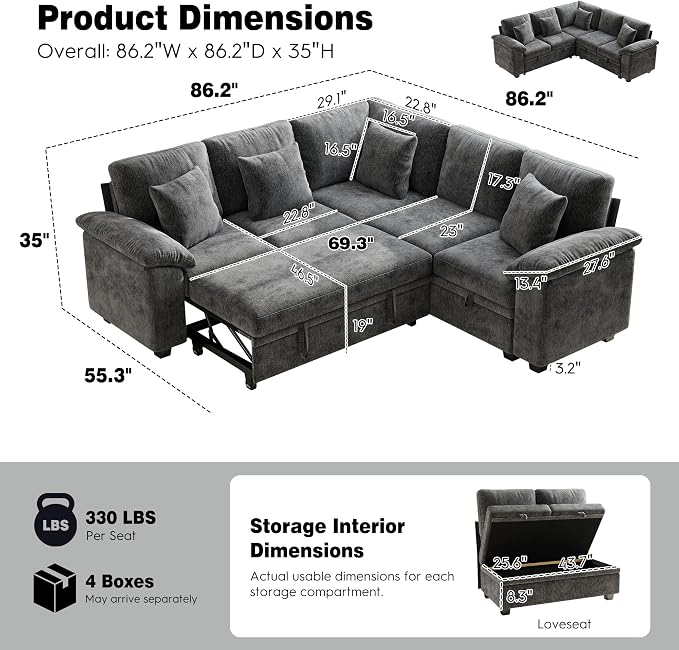 Ihanherry 86" Modular Sectional Sofa with Pull Out Bed, 5-Seater L Shaped Sectional Sleeper Couch with Storage, Chenille Convertible Couches for Living Room, Apartment (Grey)