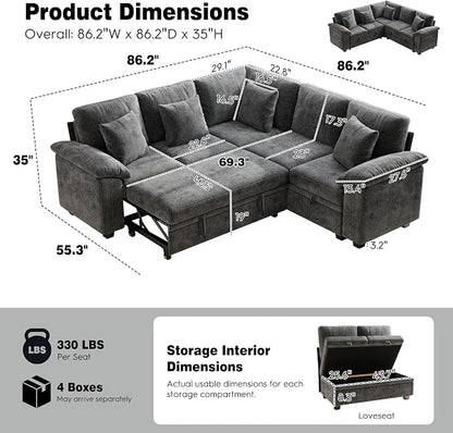 Ihanherry 86" Modular Sectional Sofa with Pull Out Bed, 5-Seater L Shaped Sectional Sleeper Couch with Storage, Chenille Convertible Couches for Living Room, Apartment (Grey)