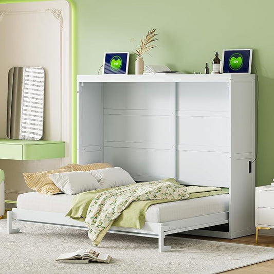 Ball & Cast Queen Size Murphy Bed with Charging Station and Slat Support,Wood Hideaway Cabinet Platform Beds w/Leg & Lock,can be Folded,Space-Saving,for Small Room,Dorms,White