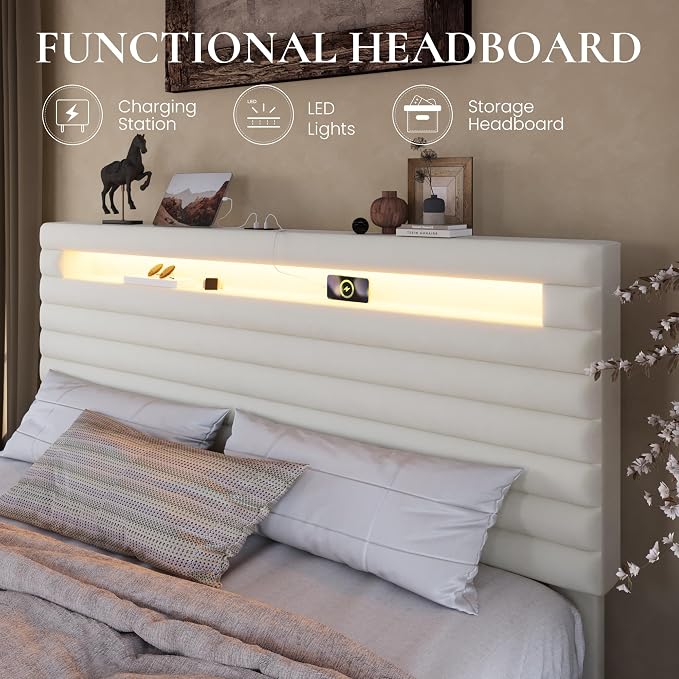 SHA CERLIN King Bed Frame with LED Light & 2-Tier Storage Shelf, Velvet Upholstered Adjustable Headboard with Charing Station, Horizontal Channel Tufted, No Box Spring Needed, Easy Assembly, Cream