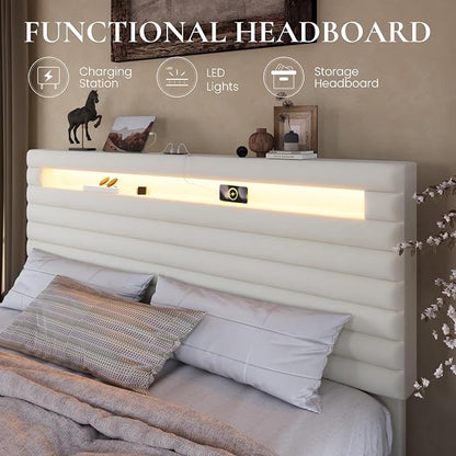 SHA CERLIN King Bed Frame with LED Light & 2-Tier Storage Shelf, Velvet Upholstered Adjustable Headboard with Charing Station, Horizontal Channel Tufted, No Box Spring Needed, Easy Assembly, Cream