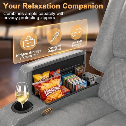 Oversized Manual Recliner Chair, 3 Angle Recliner Home Theater Seating, RV Recliner Single Sofa with Hidden Arm Storage, Cup Holder & Side Pocket (Single, Grey)
