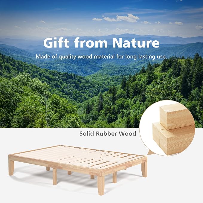 COSTWAY Full Size Wood Platform Bed Frame, 14 Inches Solid Rubber Wood Bed Mattress Foundation with Sturdy Slats Support, Easy Assembly Bed Frame for Home Hotel, No Box Spring Needed (Natural, Full)