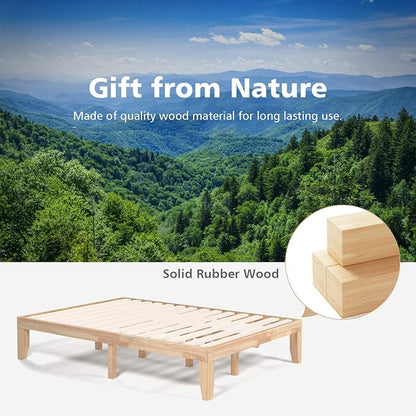 COSTWAY Full Size Wood Platform Bed Frame, 14 Inches Solid Rubber Wood Bed Mattress Foundation with Sturdy Slats Support, Easy Assembly Bed Frame for Home Hotel, No Box Spring Needed (Natural, Full)