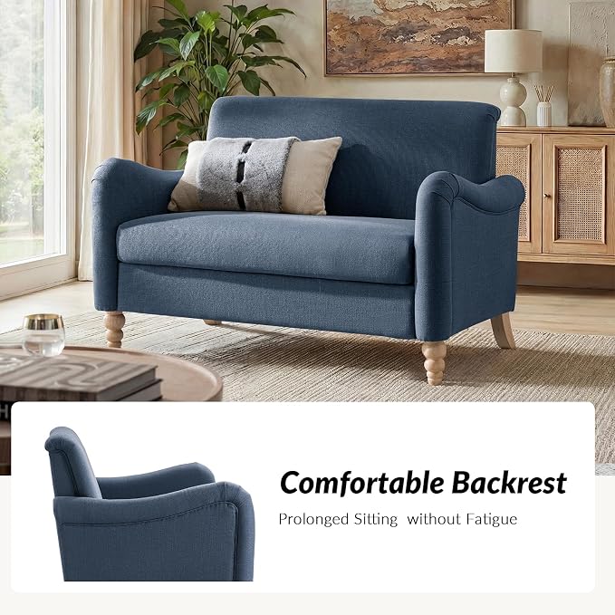 HULALA HOME 50.5" Loveseat Sofa with Stripe Pattern, 2 Seater Farmhouse Sofa with Rolled Wide Armrests and Rubber Wood Legs, Comfy Upholstered Small Couch for Living Room Bedroom, Navy
