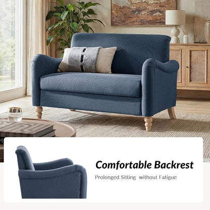 HULALA HOME 50.5" Loveseat Sofa with Stripe Pattern, 2 Seater Farmhouse Sofa with Rolled Wide Armrests and Rubber Wood Legs, Comfy Upholstered Small Couch for Living Room Bedroom, Navy
