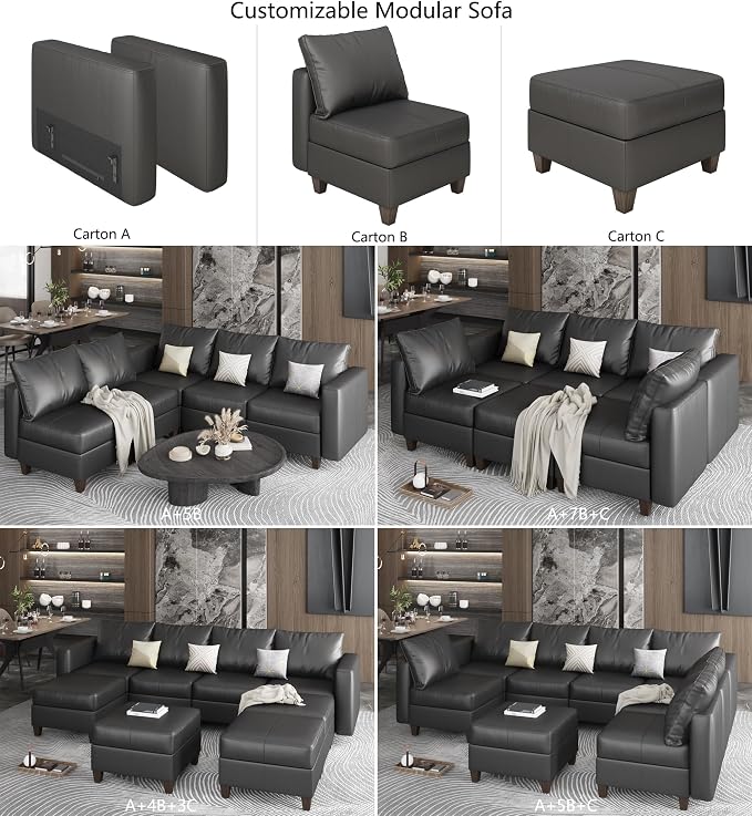 EASE MOOSE Faux Leather Sectional Sofa with Storage,Large U Shaped Faux Leather Modular Couch Sofa, Black