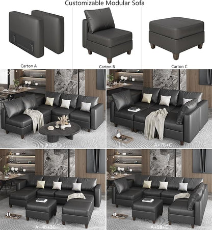 EASE MOOSE Faux Leather Sectional Sofa with Storage,Large U Shaped Faux Leather Modular Couch Sofa, Black