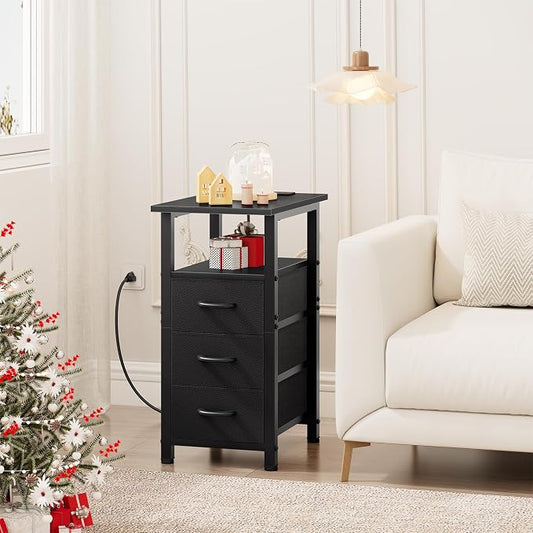 Vagusicc Black End Table with Charging Station Set of 2, Narrow Side Table, Narrow Nightstand with 3 Fabric Drawers, Slim Sofa Side Table for Small Spaces, Small Night Stand for Bedroom, Black