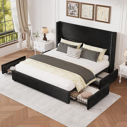 LARMACE Queen Size Bed Frame with 4 Storage Drawers Corduroy Bed Upholstered Platform Bed Frame with 48" Tall Headboard, Solid Wood Leg/No Box Spring Needed/Noise Free, Black