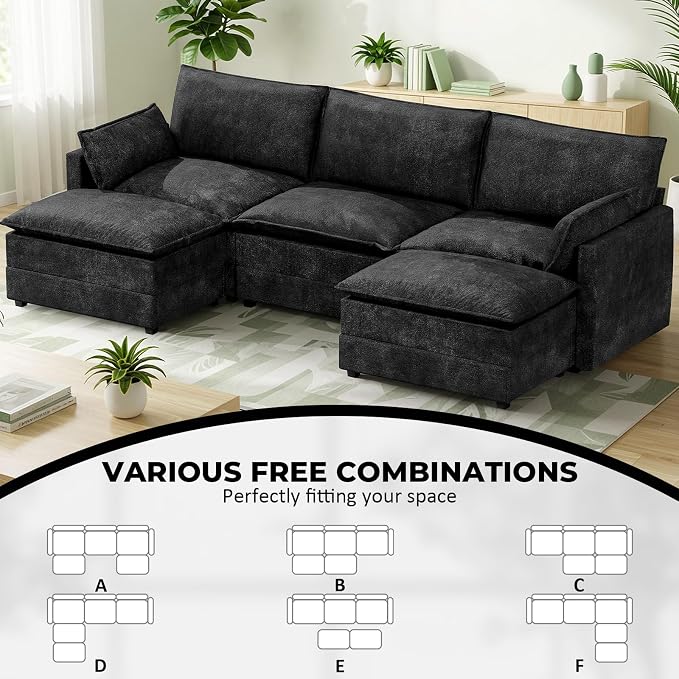 LEVELEVE 112.5" U-Shape Modular Sofa with 2 Ottomans, Deep Seat Cloud Convertible Sleeper, 2 Arm Pillows, Comfortable Upholstered Furniture for Living Room Apartment, Black