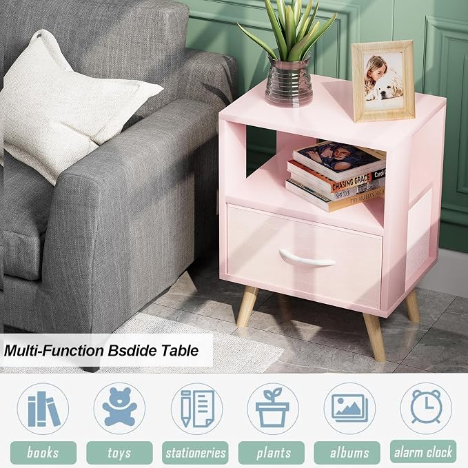Aenuert Night Stand, Pink Kids Nightstand with Drawer, Nursery Side Table with Open Storage, 2-Tier Modern End Table, Bedside Table for Small Space, Living Room, Bedroom