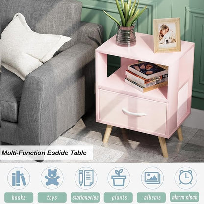 Aenuert Night Stand, Pink Kids Nightstand with Drawer, Nursery Side Table with Open Storage, 2-Tier Modern End Table, Bedside Table for Small Space, Living Room, Bedroom