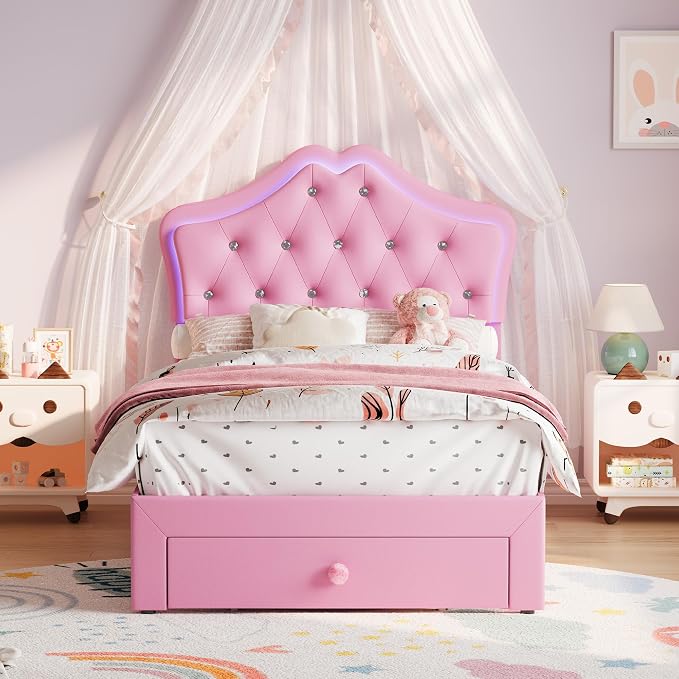 Twin Size Bed Frame for Girls with Storage Drawers & LED Lights, Upholstered Platform Bed, Velvet Crystal Button Princess Bed, Noise-Free Slats, No Box Spring Needed for Kids, Teens, Pink