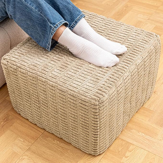 Asuprui Round Square Pouf Ottoman Foot Rest – Lightweight Modern Footstool with Plush Foam Filling, Perfect for Living Room Decor & Cozy Comfort – 20x20x14 Inch Chic Accent Piece (Light Coffee)