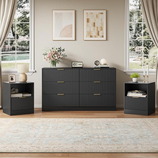 6 Drawer Dresser & Nightstand Set 3-Piece, 55” Wide Bedroom Set Night Stand Set of 2 with Metal Handle, Fluted Modern Wood Chest of Drawers Storage Dressers Set for Bedroom, Black