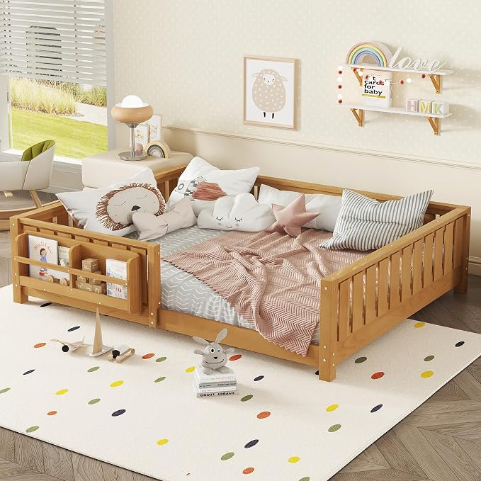 Bellemave Queen Size Floor Bed with Slats and Safety Guardrail, Queen Size Montessori Floor Bed with Fence and Built-in Bookshelf, Easy Assemble Montessori Beds for Girls, Boys, Deep Natural