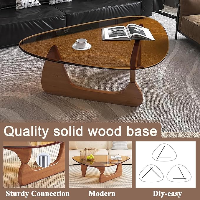 Glass Coffee Table, Mid Century Modern Coffee Table, Coffee Table for Living Room Center Table Suitable for Bedroom Living Room Reception Office Tables (Walnut/Brown, Large)