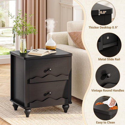 Cyclysio Black Nightstand with Charging Station Set of 2, Scalloped Bedside Table with 2 Smooth Drawers, Modern End Table with Solid Wood Legs for Bedroom and Small Spaces