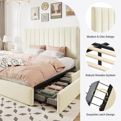 Allewie Queen Size Storage Bed Frame, Vertical Channel Tufted Adjustable Headboard, Velvet Upholstered Platform Bed with 4 Oversized Underbed Drawers, Wooden Slats Support, No Box Spring Needed, Cream