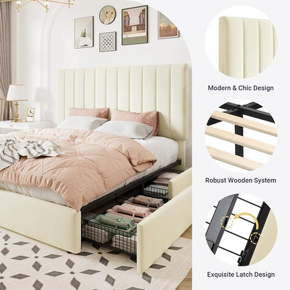 Allewie Full Size Storage Bed Frame, Vertical Channel Tufted Adjustable Headboard, Velvet Upholstered Platform Bed with 4 Oversized Underbed Drawers, Wooden Slats Support, No Box Spring Needed, Cream