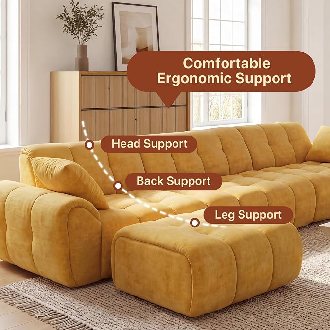 Claiks 118" Modern Boneless Couch, Corduroy Modular Cloud Sofa for Living Room, Deep Seat Sectional with Movable Ottoman, No Assembly Required, Yellow