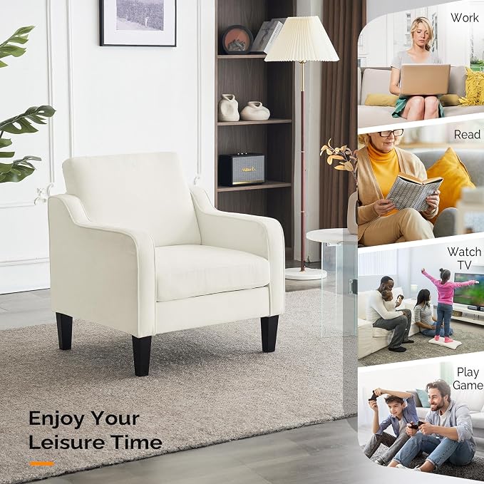 VINGLI Living Room Chairs White Accent Chair Soft Chenille Comfy Arm Chair Mid Century Modern Sofa Chair for Small Spaces Bedroom, Home Offfice, Apartment, Lounge (Creamy White)