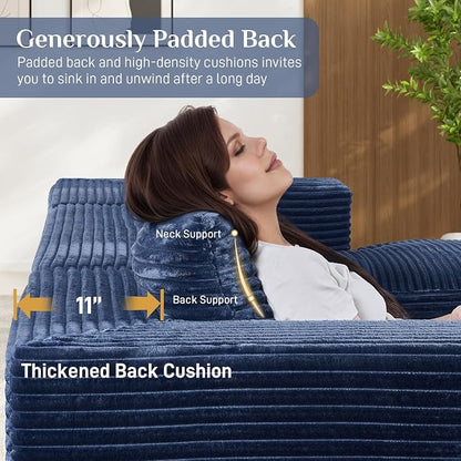 131" Oversized U Shaped Cloud Sectional Couches for Living Room, Comfy Fluffy Corduroy Blue Boneless Sectionals Couch, Plush Memory Foam Modular Sectional Sofa with Chaise- 19" Seat Height