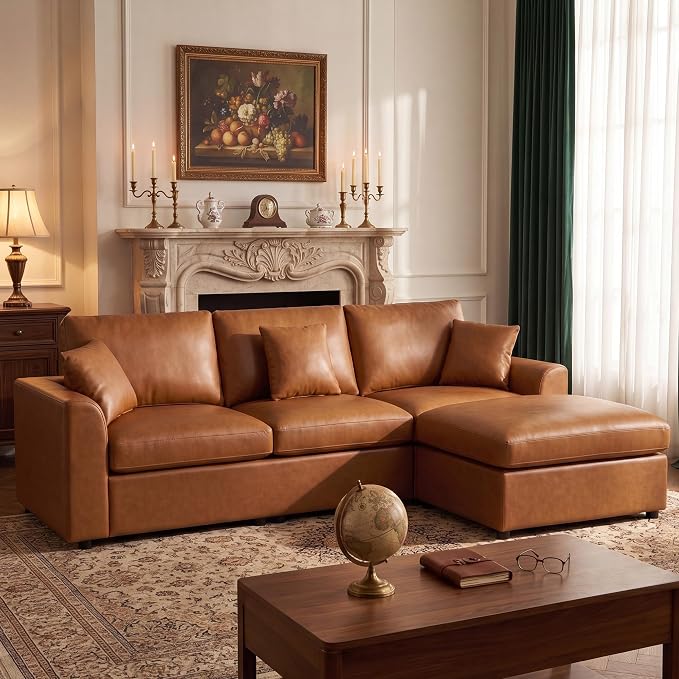 100" Faux Leather Modular Sectional Sofa for Living Room, Oversized 3 Seater L Shaped Cloud Couch with Ottoman, Extra Large Deep Seat, Pet-Friendly, Easy to Clean, Brown