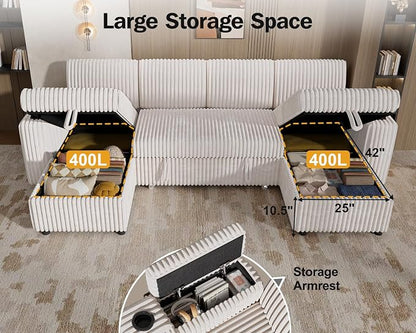 WEUP 108" Modular Sectional Sleeper Sofa with Pull Out Bed, 4 Seat Plush Corduroy U Shaped Couch with USB Ports|Cup Holders|Side Table|Storage Chaise Armrests, Tool Free Assembly, Beige