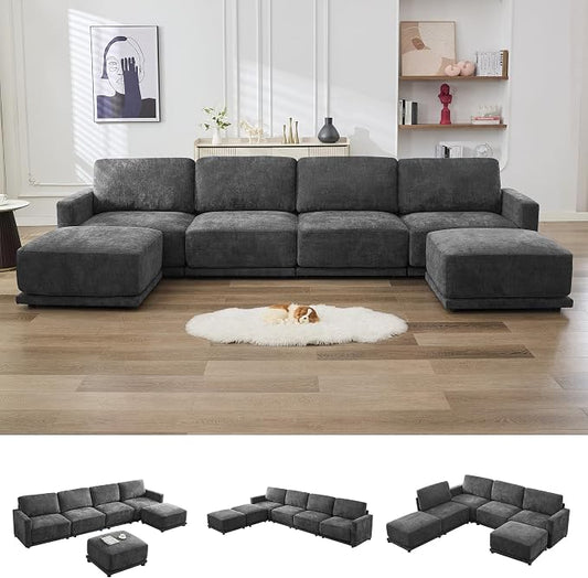 143.8" Modular Sectional Sofa Modern Chenille U Shaped Couch with Thickened Seat Cushions, Easy Assembly, Upholstered 6 Seater Couch with 2 Movable Ottomans for Living Room, Grey
