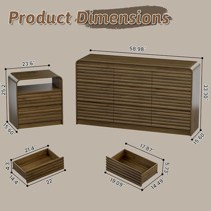 Dresser and Nightstand Sets for Bedroom, 3 Pcs Bedroom Set, Fluted 9 Drawer Dresser with Curved Profile and Night Stand Set of 2 with Charging Station, Wood Chest of Drawers, Walnut