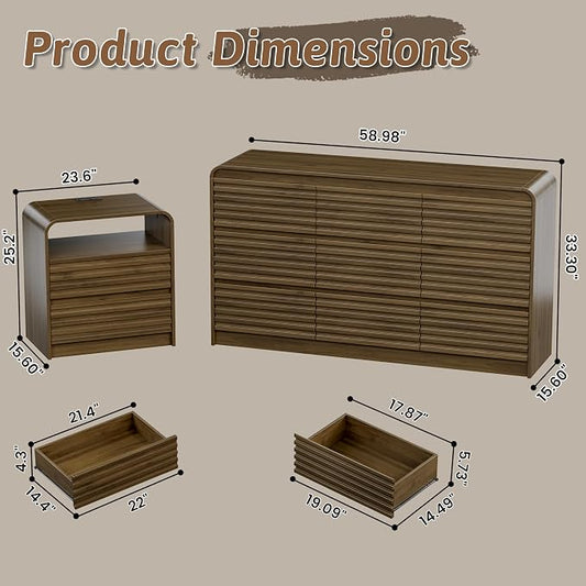 Dresser and Nightstand Sets for Bedroom, 3 Pcs Bedroom Set, Fluted 9 Drawer Dresser with Curved Profile and Night Stand Set of 2 with Charging Station, Wood Chest of Drawers, Walnut