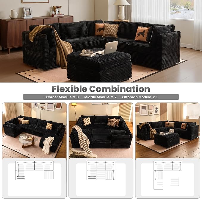 ovios Modular Sectional Sofa Couch with L-Shape Chaise Ottoman, Comfy Plush Corduroy Cloud Couches, Modern Luxury Deep Seat Sofas Set for Living Room, 6-Seater, Black